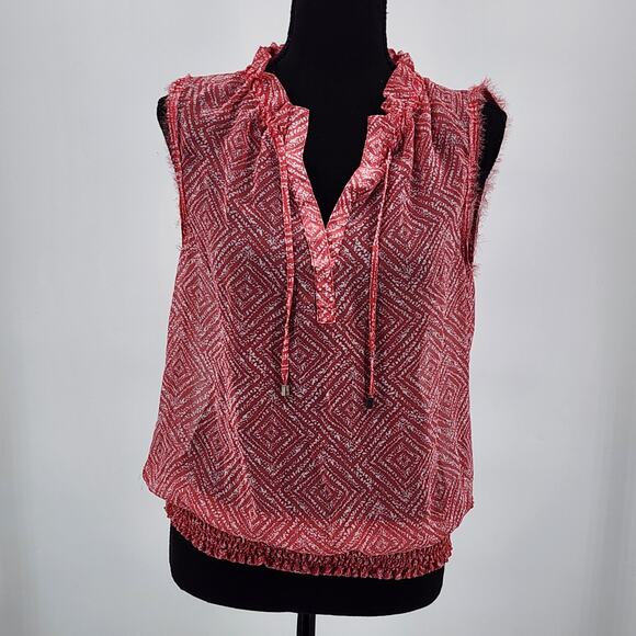 Guess Pink White Sheer Blouse Ruffle Tie V-Neck Elastic Smocked Waist Size S - Picture 1 of 7